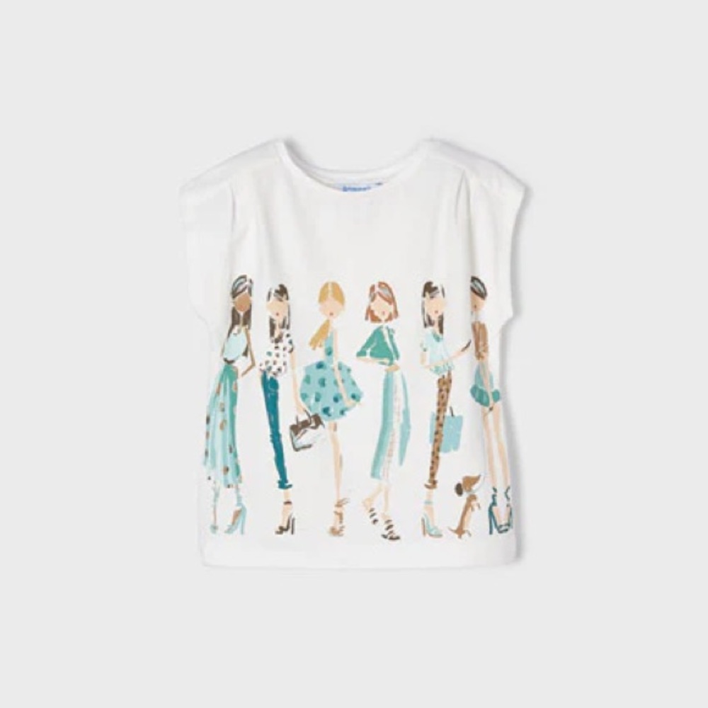 Size 9 Girls Mayoral White Tee with Green and Brown Design